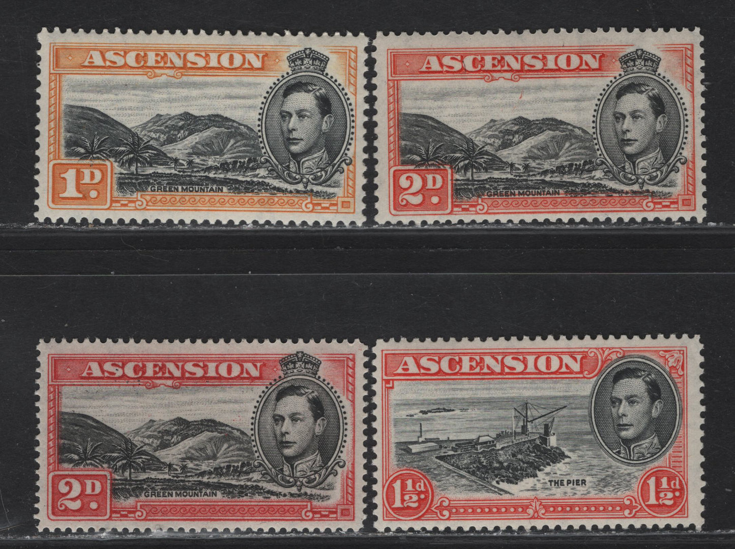 Lot 321 Ascension SG#39b, 40b, 41a, 41c 1d - 2d Black & Yellow - Black & Scarlet Green Mountain, 1938-1953 KGVI Pictorial Issue, 4 VFNH Singles