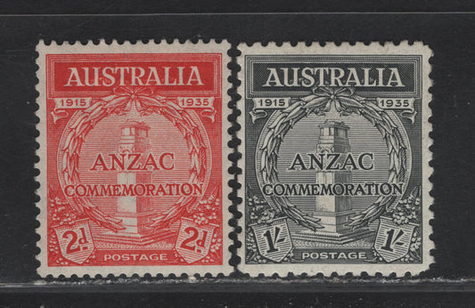 Lot 325 Australia SG#154-155 2d - 1/- Scarlet - Black Cenotaph, Whitehall, 1935 20th Anniv of Gallipoli Landing Issue, 2 VFOG Singles