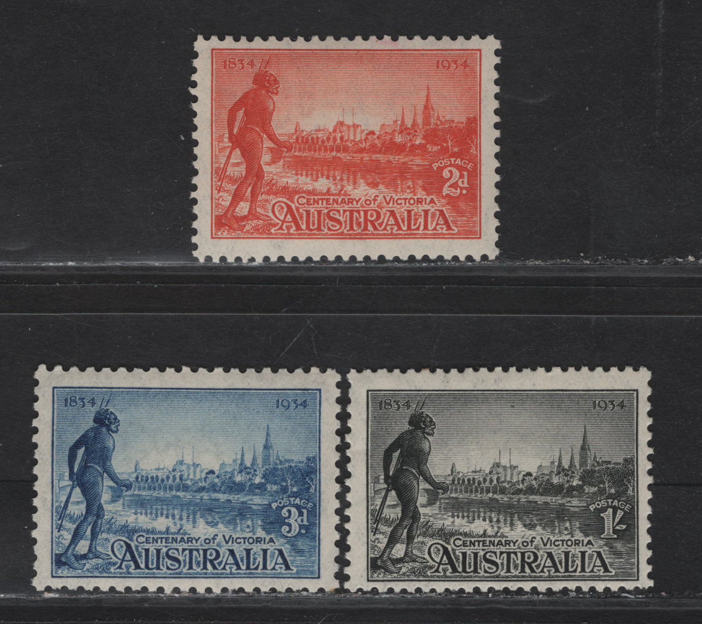 Lot 326 Australia SG#147a, 148, 149a 2d - 1/- Orange Vermillion - Black Melbourne & R Yarra, 1934 Centenary of Victoria Issue, 3 F/VFOG Singles, 1/- is Perf 10.5, Rest are Perf 11.5