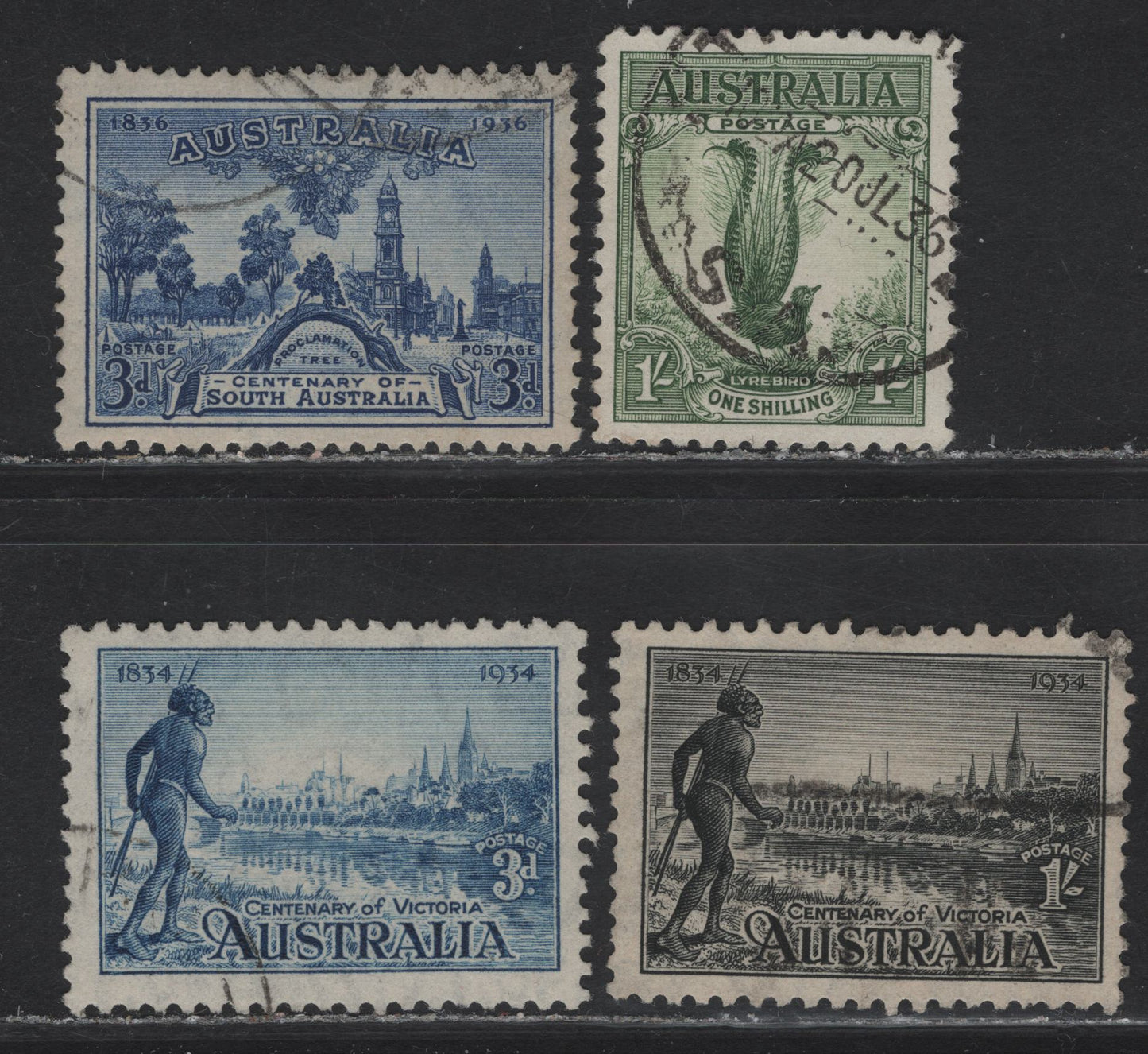 Lot 327 Australia SG#140, 148-149, 162 1/- - 3d Green - Bright Blue Lyrebird - Site of Adelaide, 1932-1936 Lyrebird - South Australia Centenary Issues, 4 Very Fine Used Singles, 1934 Victorial Centennial Is Perf 10.5