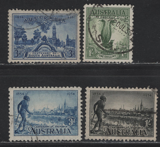 Lot 327 Australia SG#140, 148-149, 162 1/- - 3d Green - Bright Blue Lyrebird - Site of Adelaide, 1932-1936 Lyrebird - South Australia Centenary Issues, 4 Very Fine Used Singles, 1934 Victorial Centennial Is Perf 10.5