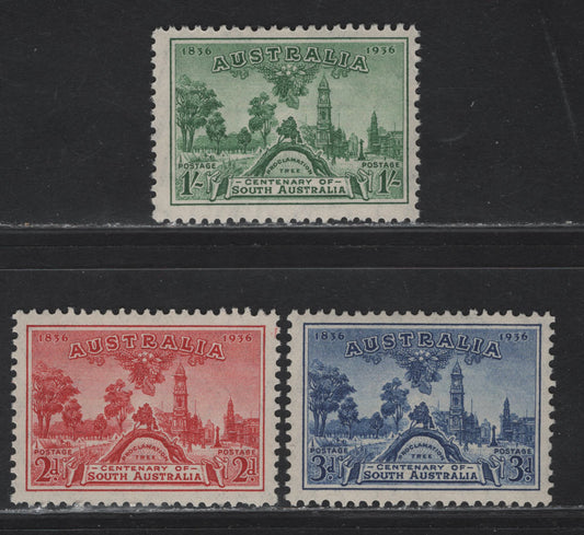 Lot 328 Australia SG#161-163 2d - 1/- Carmine - Green Site of Adelaide, 1936 South Australia Centenary Issue, 3 VFOG Singles