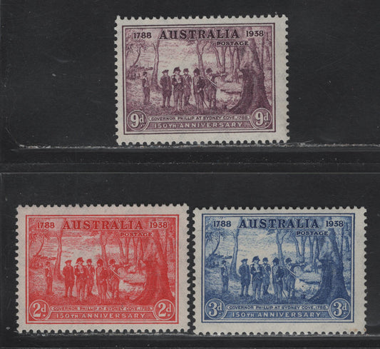 Lot 329 Australia SG#193-195 2d - 9d Scarlet - Purple Governor Phillip At Sydney Cove, 1937 150th Anniv of NSW Issue, 3 F/VFNH Singles
