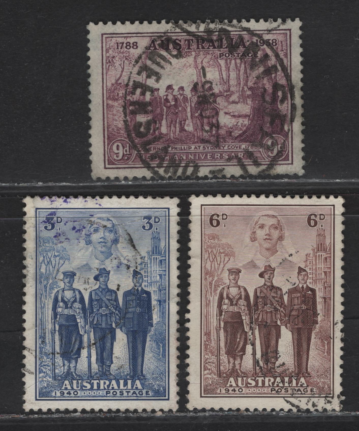 Lot 331 Australia SG#195, 198-199 9d - 6d Purple - Brown Governor Phillip At Sydney Cove - A.I.F & Nurse, 1937-1940 150th Anniv of NSW - Australian Imperial Forces Issues, 3 Fine/Very Fine Used Singles, 3d Has A Light Internal Crease