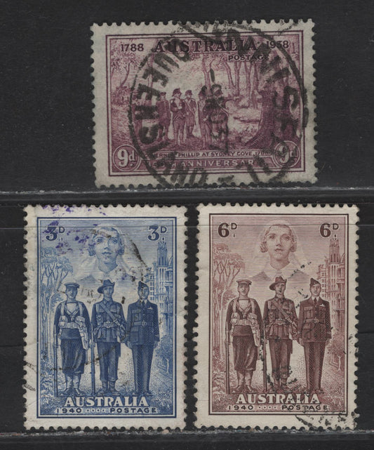 Lot 331 Australia SG#195, 198-199 9d - 6d Purple - Brown Governor Phillip At Sydney Cove - A.I.F & Nurse, 1937-1940 150th Anniv of NSW - Australian Imperial Forces Issues, 3 Fine/Very Fine Used Singles, 3d Has A Light Internal Crease