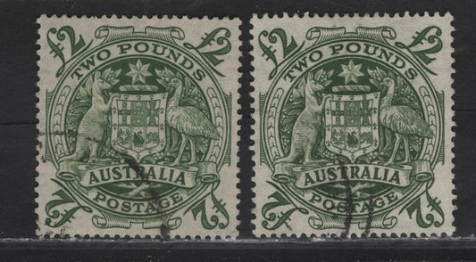Lot 332 Australia SG#224d £2 Green & Dark Green Aboriginal Art, 1948-1956 High Value Arms Issue, 2 Very Fine Used Singles