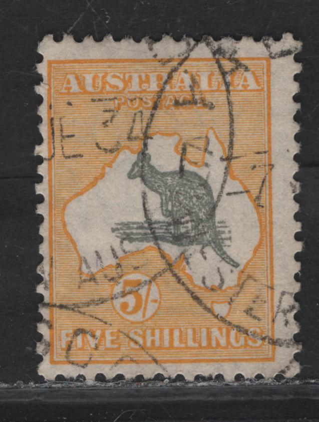 Lot 333 Australia SG#111 5/- Gray & Yellow Kangaroo & Map, 1929-1930 Kangaroo & Map Issue, A Fine Used Single, Small Crown & A Multiple Wmk