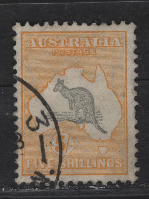 Lot 334 Australia SG#135 5/- Gray & Yellow Kangaroo & Map, 1931-1936 Kangaroo & Map Issue, A Very Fine Used Single, Light Diagonal Bend At UR, Not A Full Crease