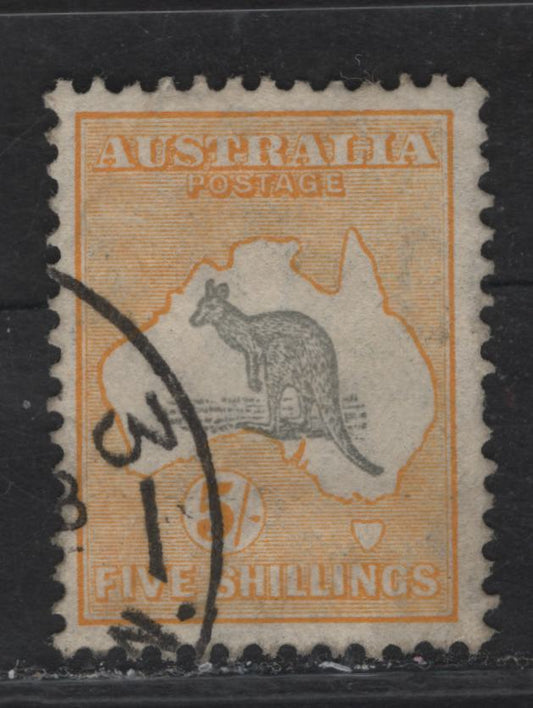 Lot 334 Australia SG#135 5/- Gray & Yellow Kangaroo & Map, 1931-1936 Kangaroo & Map Issue, A Very Fine Used Single, Light Diagonal Bend At UR, Not A Full Crease
