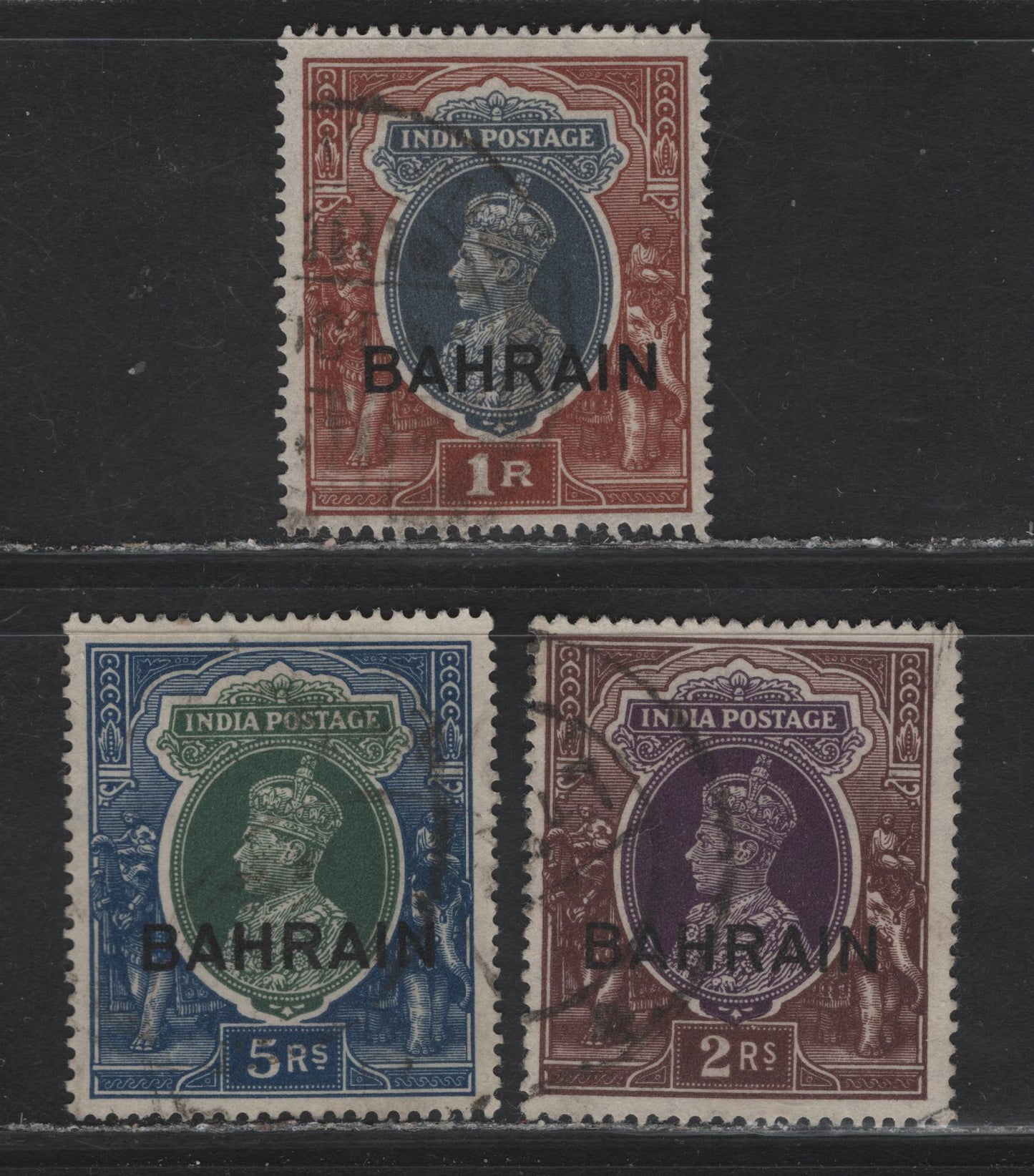 Lot 335 Bahrain SG#32-34 1r - 5r Gray & Red Brown - Green & Blue King GeorgeVI, 1938-1941 Overprinted High Value Issue, 3 Fine/Very Fine Used Singles