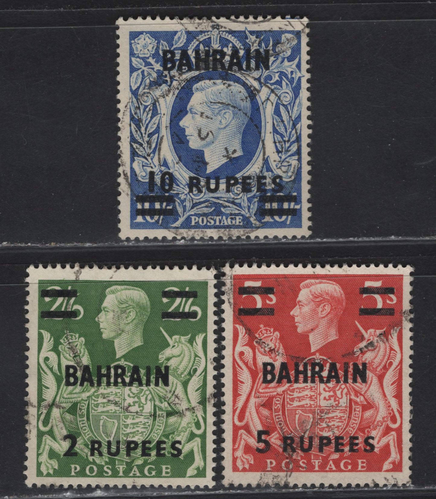 Lot 336 Bahrain SG#59-60a 2r on 2/6 - 10r on 10/- Yellow Green - Ultramarine King George VI & Arms, 1948-1949 KGVI Arms Issue, 3 Very Fine Used Singles