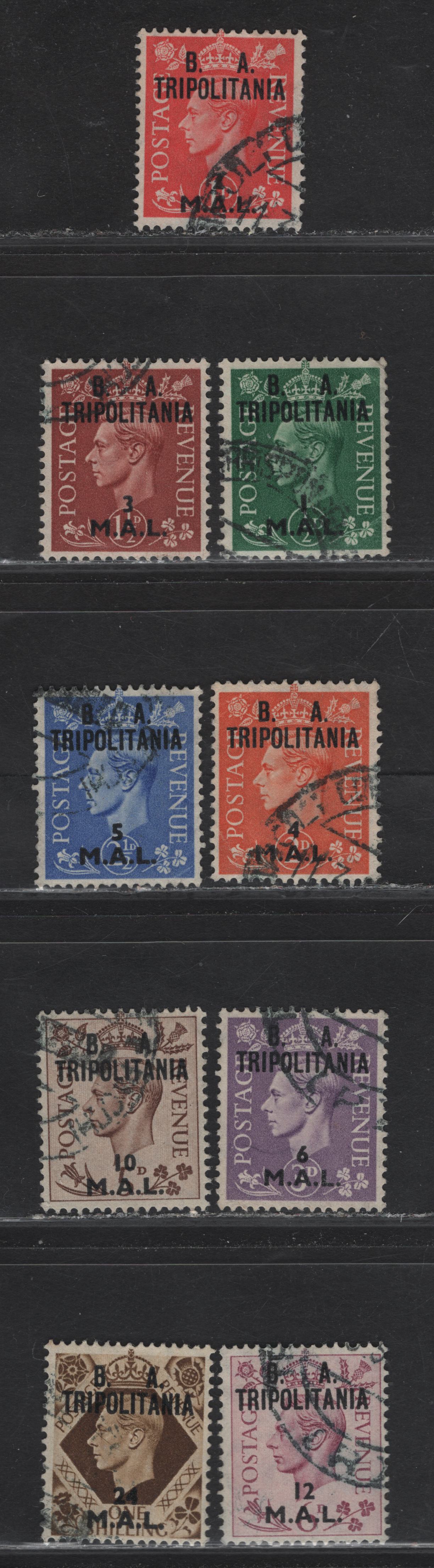 Lot 338 British Occupation of Italian Colonies SG#T14-T21, T23 1l on 1/2d - 24l on 1/- Pale Green - Bistre Brown KGVI, 1950 BA tripolitania Overprints On Edmund Dulac Issue, 9 Fine/Very Fine Used Singles