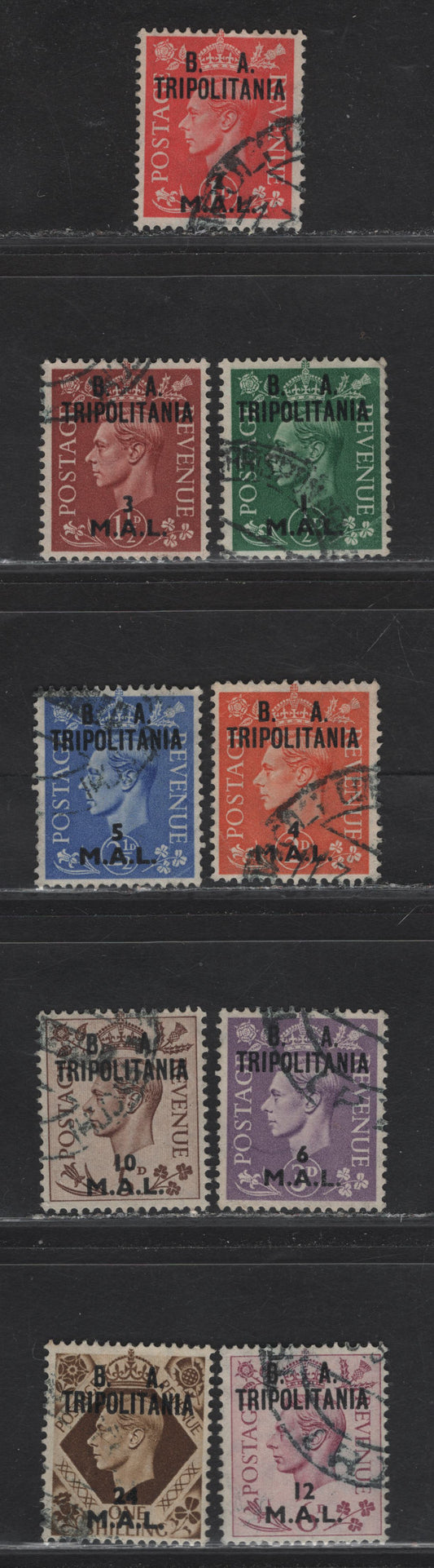 Lot 338 British Occupation of Italian Colonies SG#T14-T21, T23 1l on 1/2d - 24l on 1/- Pale Green - Bistre Brown KGVI, 1950 BA tripolitania Overprints On Edmund Dulac Issue, 9 Fine/Very Fine Used Singles