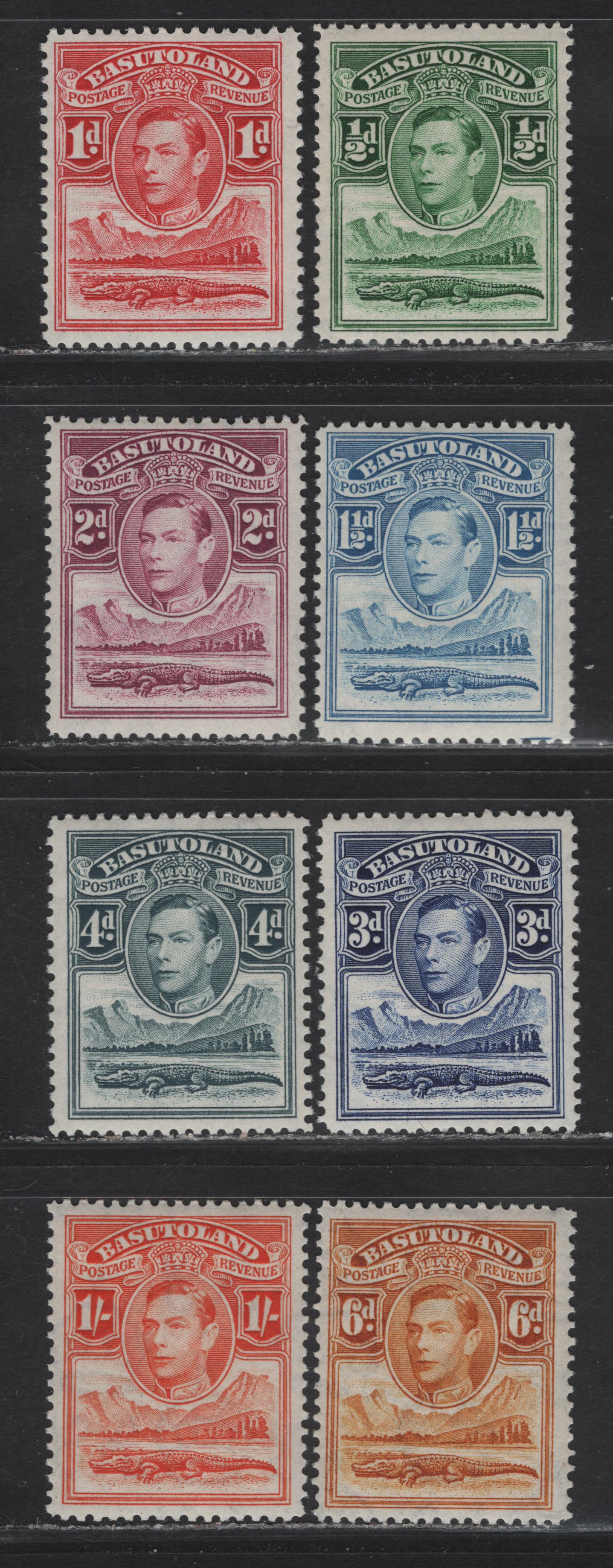 Lot 339 Basutoland SG#18-25 1/2d - 1/- Green - Red Orange KGVI & Crododile, 1938 KGVI & Crocodile Issue, 8 F/VFNH Singles, Wartime & Post-War Printings