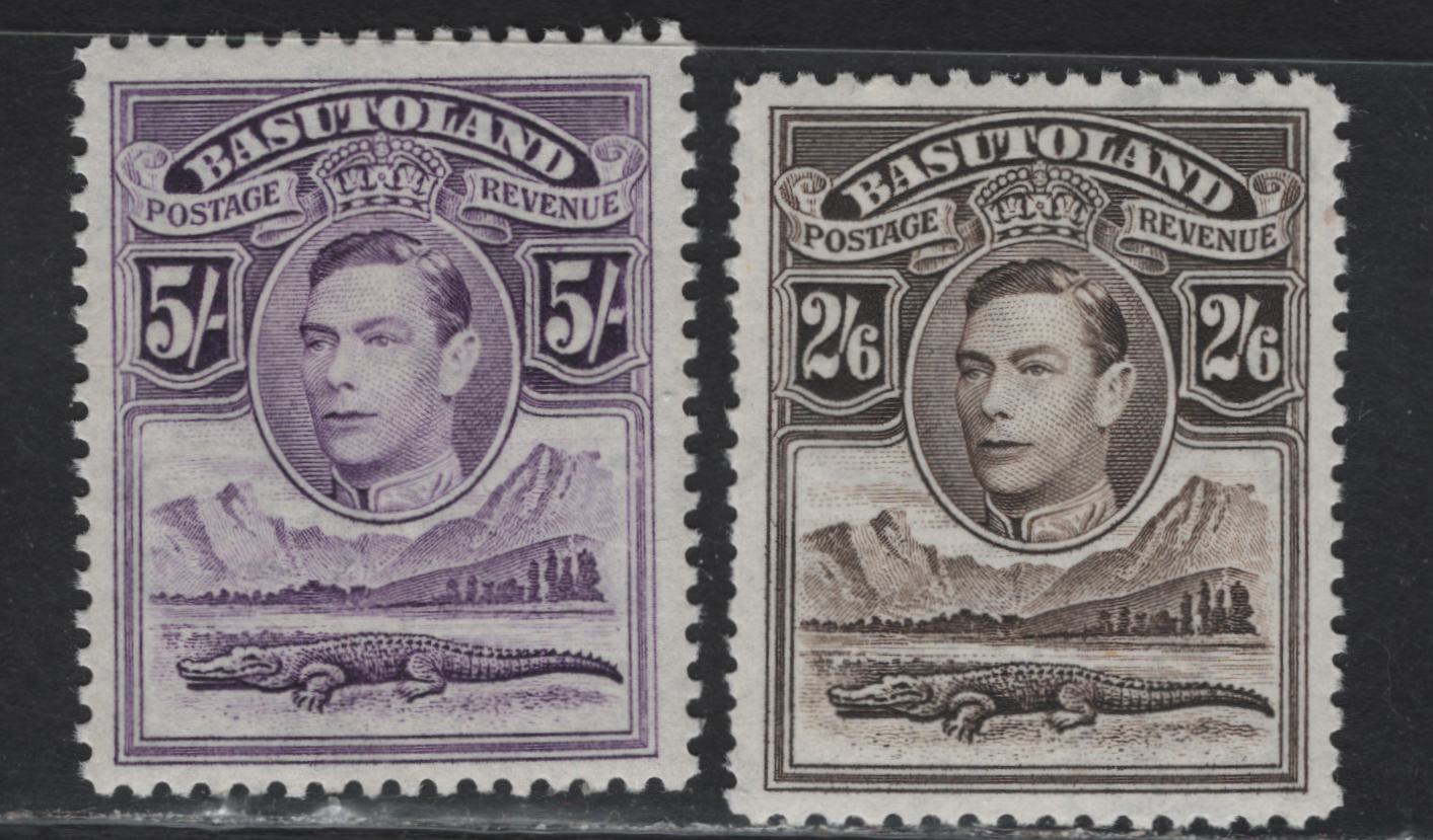 Lot 340 Basutoland SG#26-27 2/6 - 5/- Sepia - Violet KGVI & Crododile, 1938 KGVI & Crocodile Issue, 2 VFOG Singles, Wartime Printings