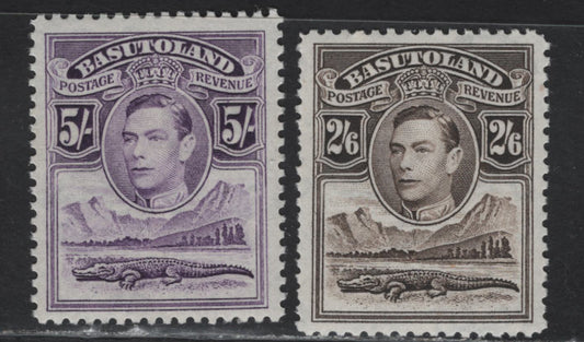 Lot 340 Basutoland SG#26-27 2/6 - 5/- Sepia - Violet KGVI & Crododile, 1938 KGVI & Crocodile Issue, 2 VFOG Singles, Wartime Printings