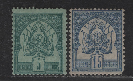 Lot 34 Tunisia #3-4 5c - 15c Green on Grenish - Blue on Grayish Coat of Arms, 1888-1897 Coat of Arms Issue, 2 VGOG Single
