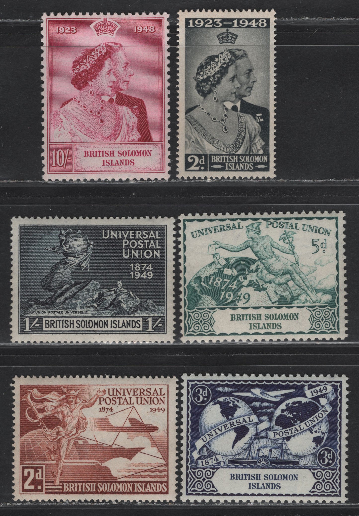 Lot 341 British Solomon Islands SG#75-80 2d - 1/- Black - Blue Black Royal Silver Wedding - UPU Building, 1949 Silver Wedding - 75th Anniv of UPU Issues, 6 F/VFOG/NH Singles, Some Mild Gum Toning