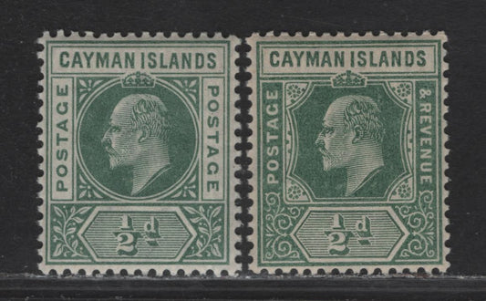 Lot 342 Cayman Islands SG#3, 25 1/2d Green King Edward VII, 1902-1909 King Edward VII Keyplates Issues, 2 VFNH Singles, Crown CA & Multiple Crown CA Wmks