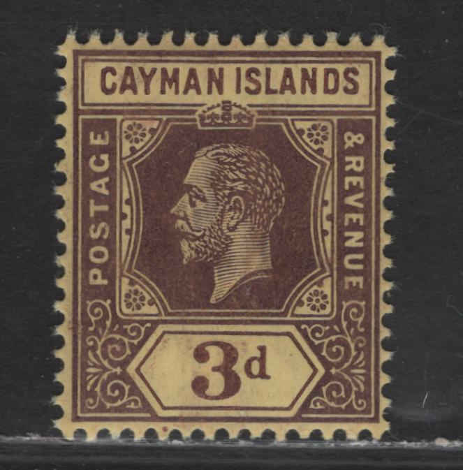 Lot 343 Cayman Islands SG#45 3d Purple on Yellow King George V, 1912-1920 KGV Imperium Keyplate Issue, A VFOG Single, Multiple Crown CA Wmk