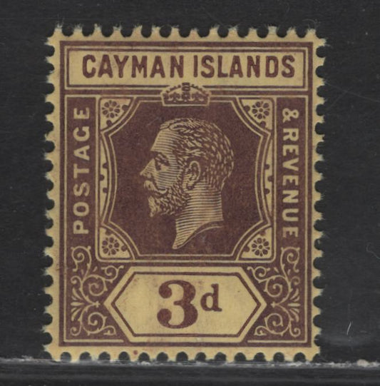 Lot 343 Cayman Islands SG#45 3d Purple on Yellow King George V, 1912-1920 KGV Imperium Keyplate Issue, A VFOG Single, Multiple Crown CA Wmk
