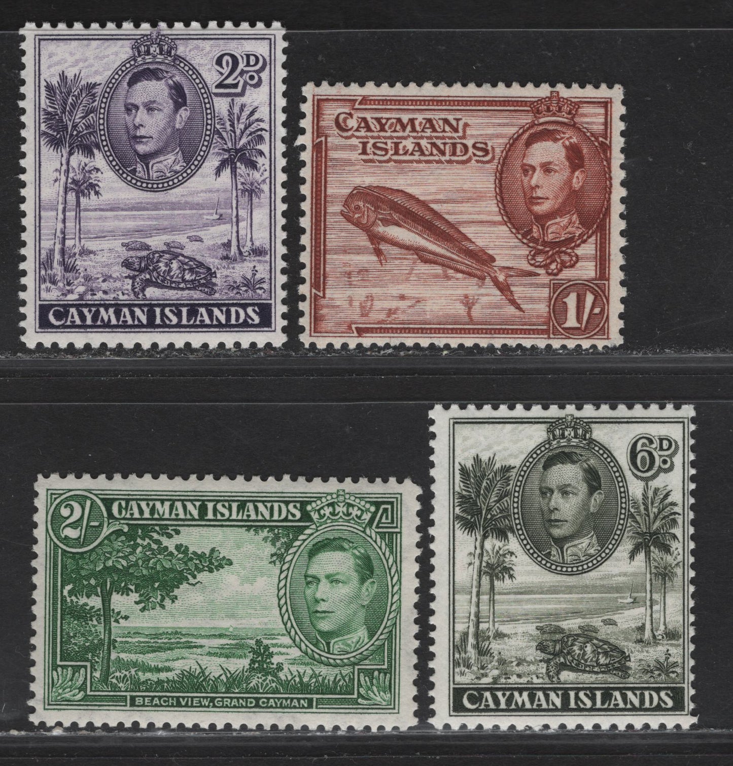 Lot 344 Cayman Islands SG#119, 122b, 123, 124a 2d - 2/- Violet - Deep Green Hawksbill Turtles - Beach View, 1938-1948 KGVI Pictorial Issue, 4 FOG Singles, Perf 11.5x13, 6d Being The Brownish Olive Shade