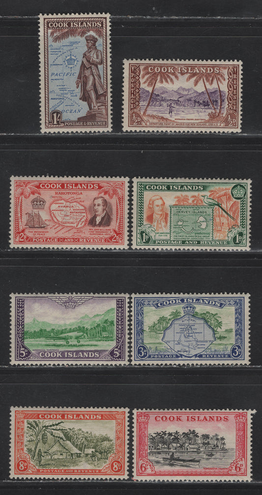 Lot 345 Cayman Islands SG#150-157 1/2d - 1/- Violet & Brown - Light Blue & Chocolate Ngatangiia Channel - Map And Statue of Capt Cook, 1949-1961 Pictorial Definitive Issue, 8 VFOG Singles