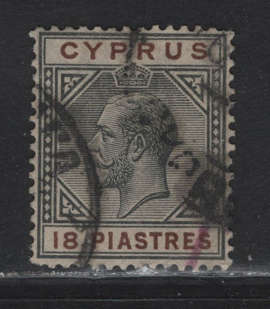 Lot 346 Cyprus SG#98 18pi Black & Brown King George V, 1921-1923 KGV Keyplate Issue, A Fine Used Single, Script CA Wmk