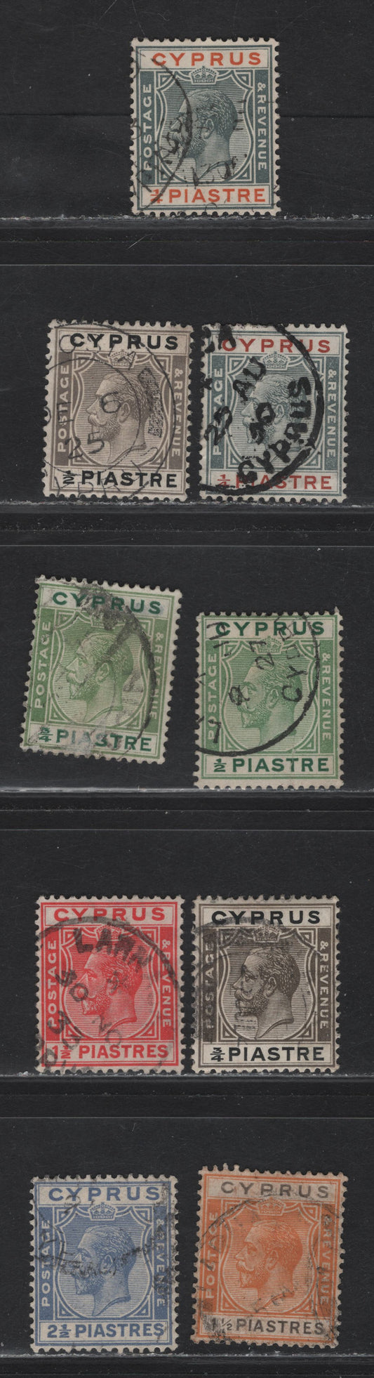 Lot 347 Cyprus SG#103-107, 118-120, 122 1/4pi - 2.5pi Gray & Chestnut - Bright Blue King George V, 1924-1928 KGV Keyplate Issue, 9 Fine/Very Fine Used Singles, Script CA Wmk