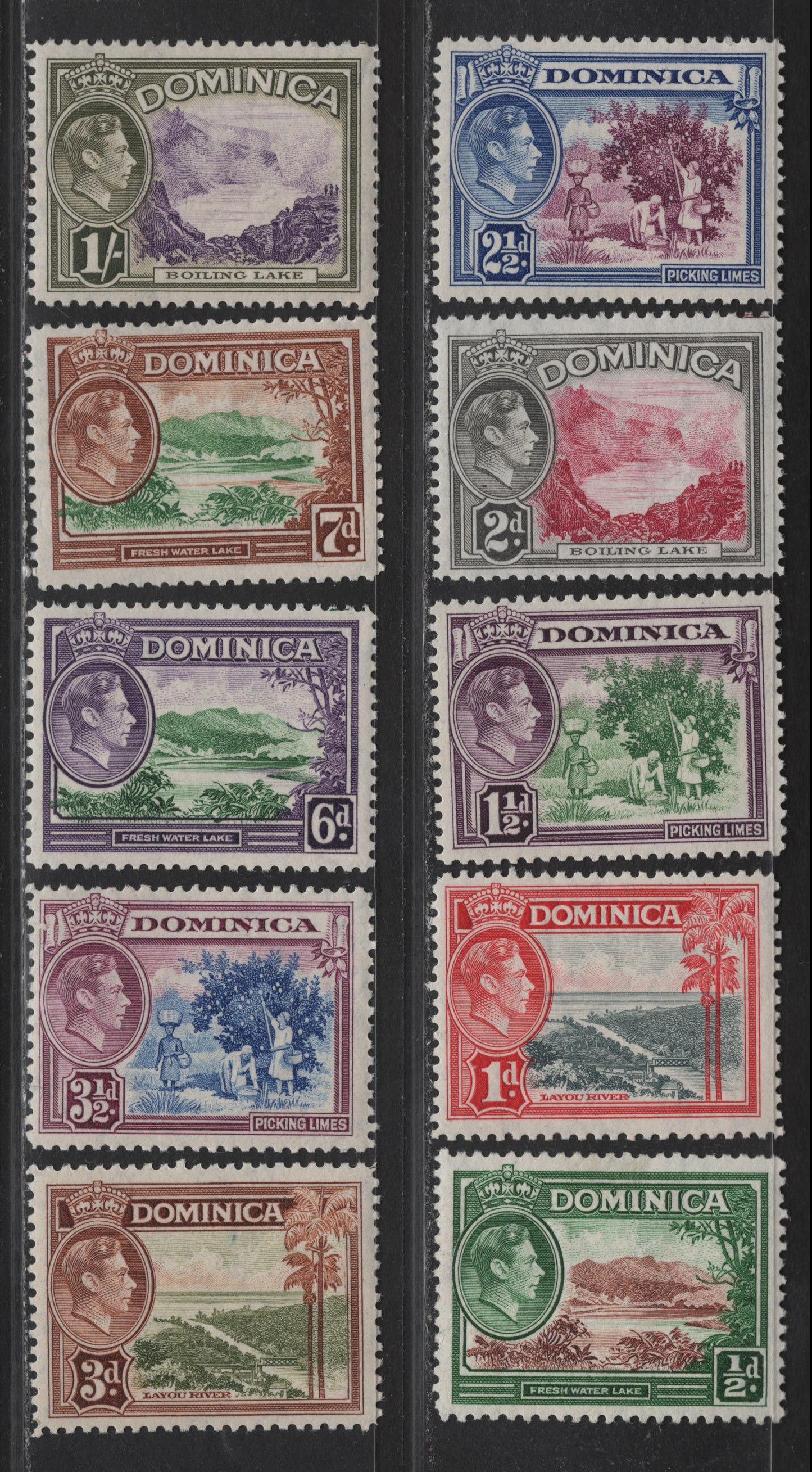 Lot 349 Dominica SG#99-106 1/2d - 1/- Brown & Green - Violet & Olive Green King George VI, 1938-1947 King George VI Pictorial Issue, 8 F/VFOG/NH Singles, 3.5d Is NH, Generally All Wartime Printings