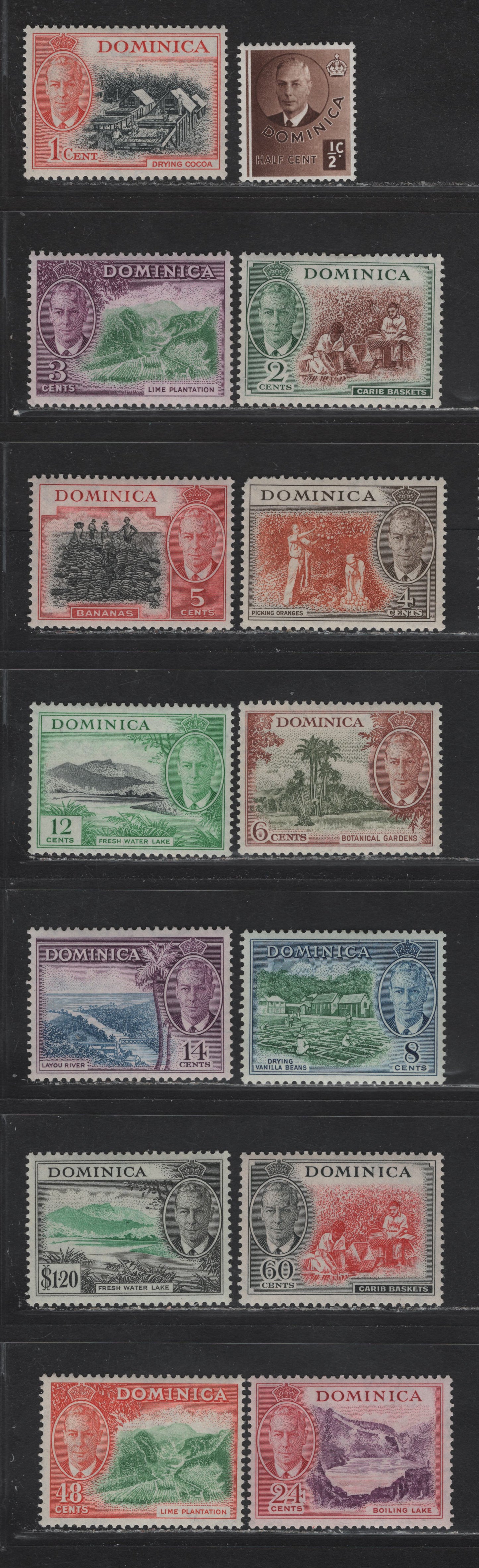 Lot 350 Dominica SG#120-133 1/2d - $1.20 Chocolate - Emerald & Black King George VI - Fresh Water Lake, 1951 KGVI Pictorial Issue, 14 VFOG Singles