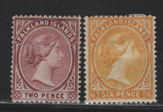 Lot 352 Falkland Islands SG#26, 34 2d - 6d Reddish Purple - Yellow Queen Victoria, 1891-1902 Queen Victoria Sidefaces Issue, 2 F/VFOG Singles