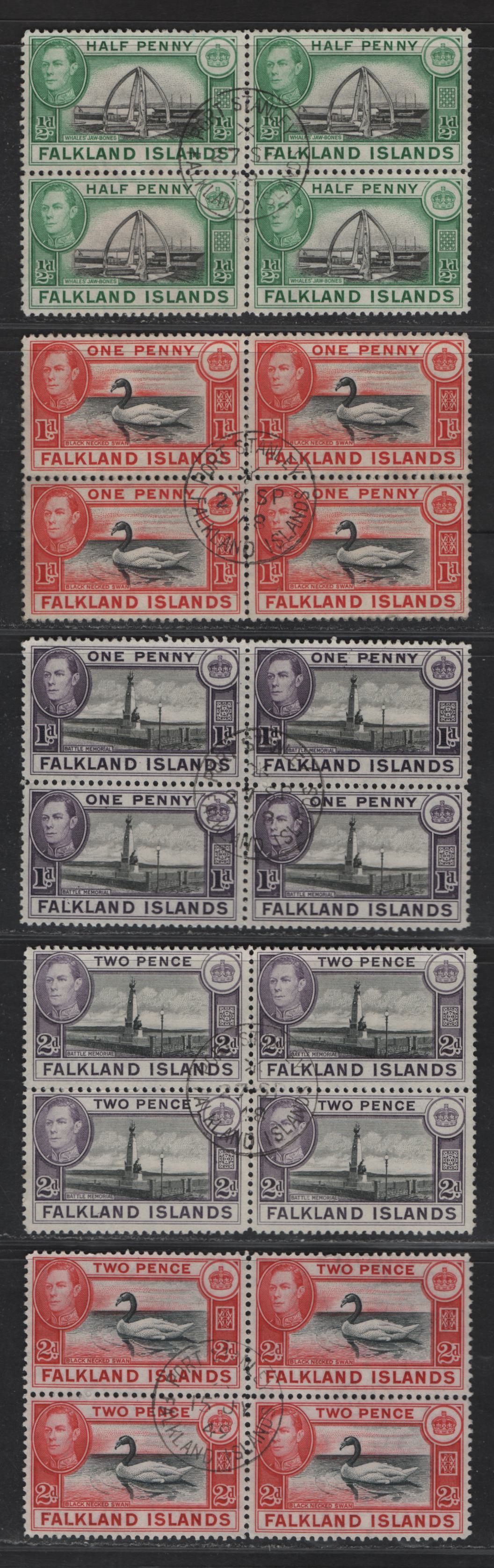 Lot 354 Falkland Islands SG#146, 147a, 148, 149, 150a 1/2d - 2d Black & Green - Black & Red King George VI, 1938-1950 KGVI Pictorial Issue, 5 Fine/Very Fine Used Blocks of 4, Central 1948 Port Stanley Postmarks, Wartime Printings