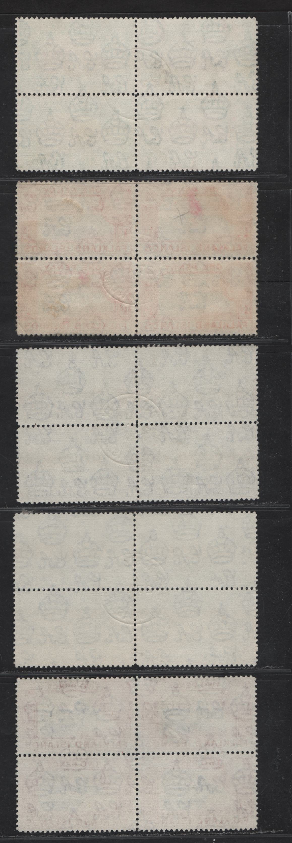 Lot 354 Falkland Islands SG#146, 147a, 148, 149, 150a 1/2d - 2d Black & Green - Black & Red King George VI, 1938-1950 KGVI Pictorial Issue, 5 Fine/Very Fine Used Blocks of 4, Central 1948 Port Stanley Postmarks, Wartime Printings