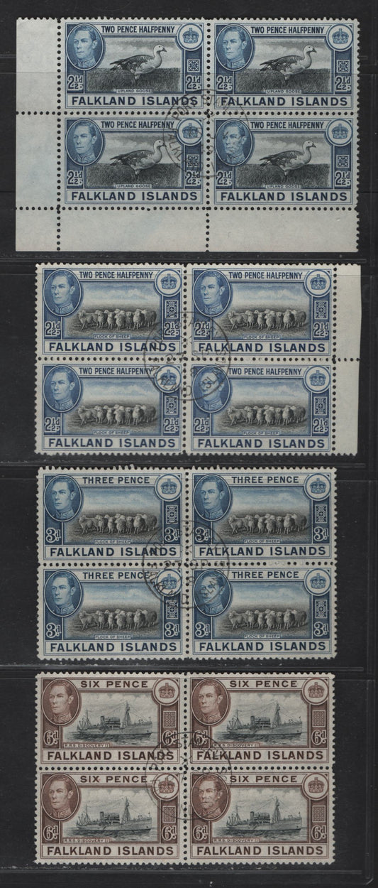 Lot 355 Falkland Islands SG#151-152, 153a, 155 2.5d - 6d Black & Bright Blue - Slate Black & Deep Brown King George VI, 1938-1950 KGVI Pictorial Issue, 4 Fine/Very Fine Used Blocks of 4