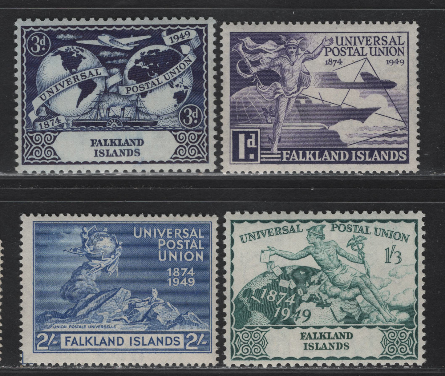 Lot 356 Falkland Islands SG#168-171 1d - 2/- Violet - Blue Figure - Monument, 1949 UPU Issue, 4 F/VFNH Singles, Some Very Mild Gum Toning On 1/2d Of Each Stamp