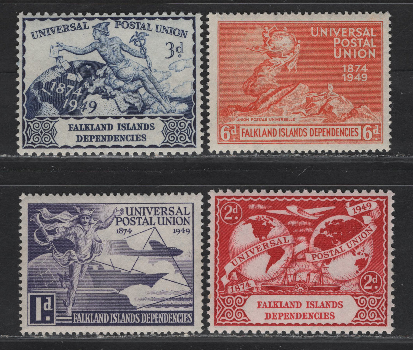 Lot 357 Falkland Islands SG#G21-G24 1d - 6d Violet - Red Orange Figure - Monument, 1949 UPU Issue, 4 VFNH Singles