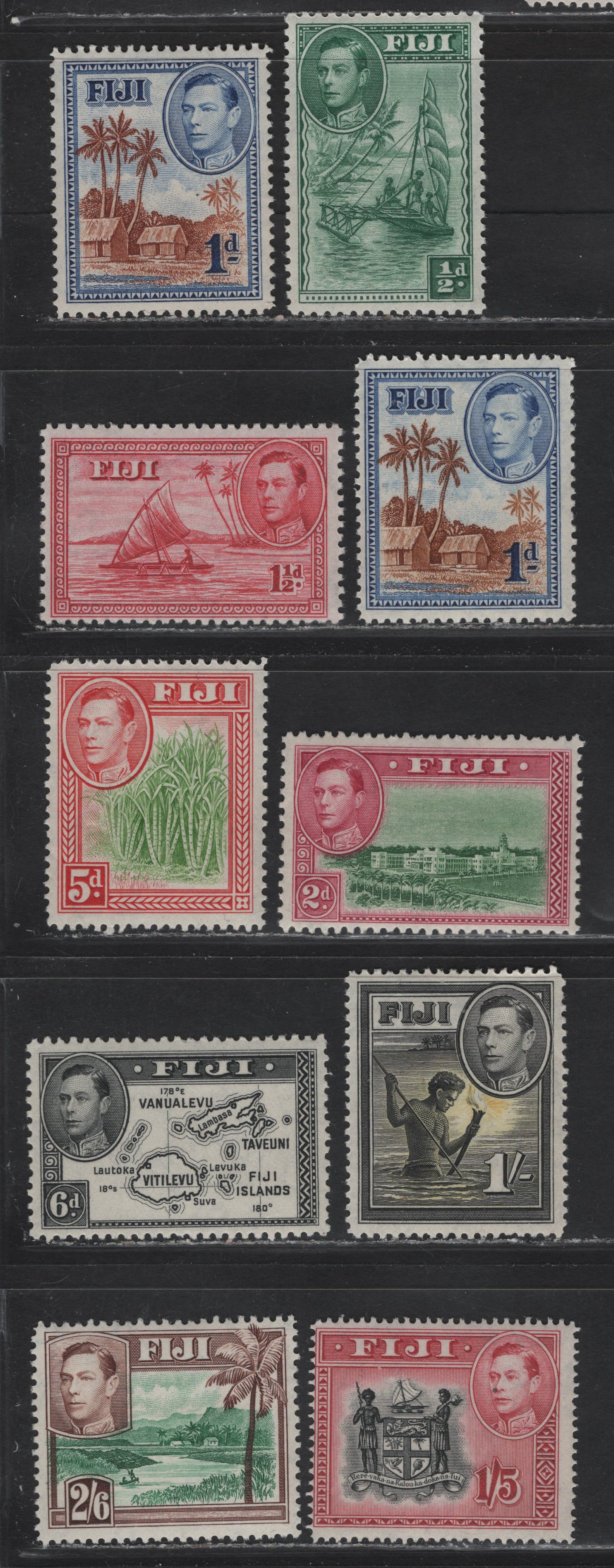 Lot 358 Fiji SG#249b, 250, 252c, 255a, 259, 261b, 262, 263, 265 1/2d - 2/6 Green - Green & Brown Native Sailing Canoe - River Scene, 1938-1955 KGVI Pictorial Issue, 10 F/VFOG/NH Singles, 6d is NH, But Gum Toning, 1/2d. 1/5d, 2d & 6d Are Perf 12
