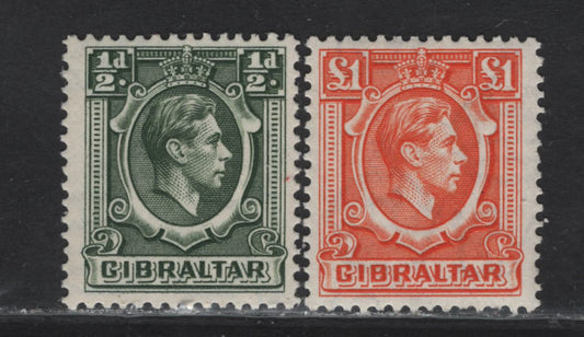 Lot 359 Gibraltar SG#121, 131 1/2d - £1 Deep Green - Orange King George VI, 1938-1951 KGVI Pictorial Issue, 2 F/VFNH Singles, Wartime Printings