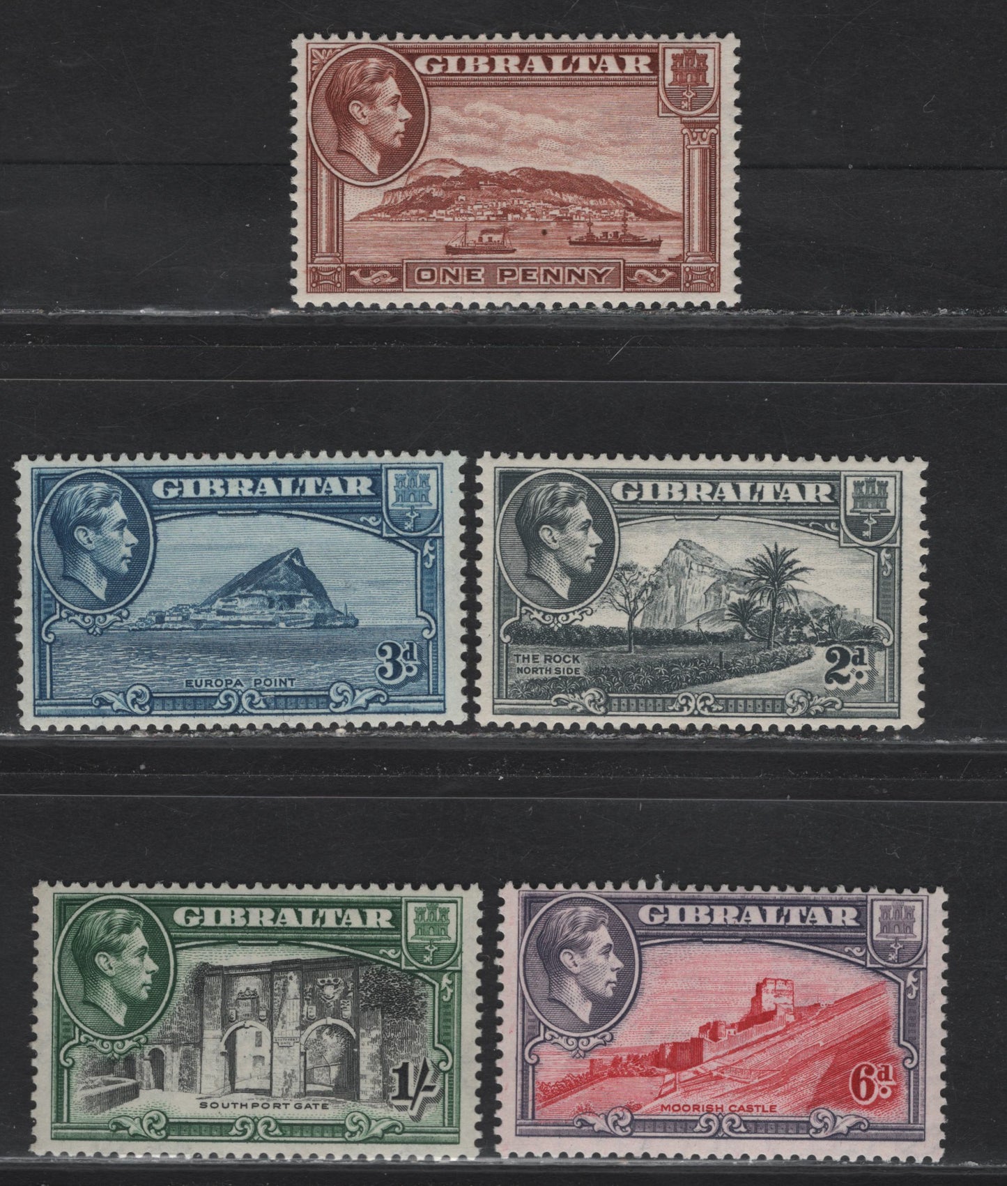 Lot 362 Gibraltar SG#122b, 124b, 125b, 126b, 127b 1d - 1/- Red Brown - Black & Green Rock of Gibraltar - Southport Gate, 1938-1951 KGVI Pictorial Issue, 5 F/VFNH Singles, Perf 13.5, 1942 Printings