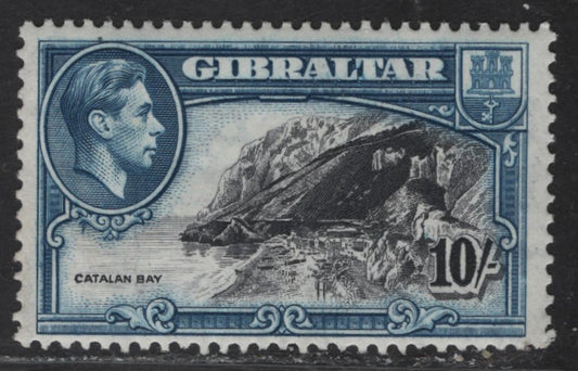 Lot 365 Gibraltar SG#130a 10/- Black & Blue Catalan Bay, 1938-1951 KGVI Pictorial Issue, A VFNH Single, Perf 13, 1943 Printing