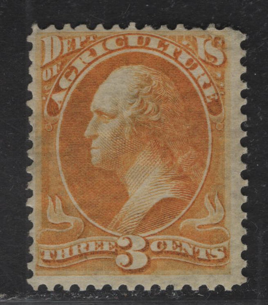 Lot 39 United States #O3 3c Yellow Franklin, 1873 Agriculture Department Official Issue, A VGOG Single, National Bank Note Printing On Hard Paper, Small Corner Crease At UR