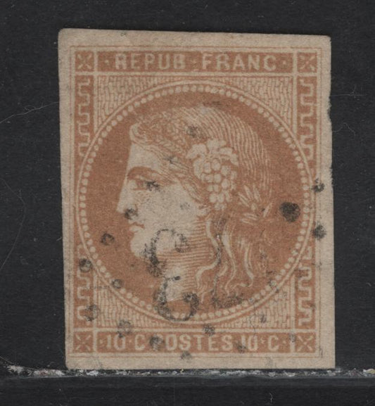 Lot 4 France #42 10c Bistre on Yellowish Bordeaux, 1870-1871 Bordeaux, A Very Good Used Imperf Single, 4 Large to Just Touching Margins (At LL), Small, Shallow Hinge Thin