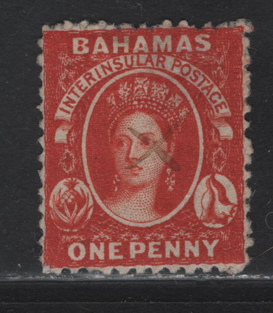 Lot 41 Bahamas SG#25 1d Vermillion Queen Victoria, 1863-1877 Chalon Heads Issue, A Fine Used Single, Crown CC Wmk, Perf 12.5, Well Centered Example, Pen Cancel, Weak UR Corner Perf.