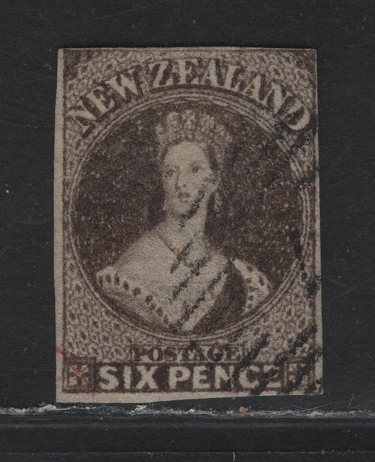 Lot 47 (C) New Zealand SG#41 6d Black Brown Queen Victoria, 1862-1864 Chalon Heads Issue, A Very Fine Used Imperf Single, 4 Clear Margins, Full On 1 Side, Close On 3, Light Face-Free Cancel.