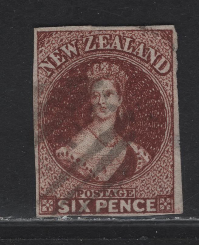 Lot 48 (C) New Zealand SG#43 6d Red Brown Queen Victoria, 1862-1864 Chalon Heads Issue, A Very Fine Used Imperf Single, 3 Large Margins, 1 Close Margin, Light Cancel, Large Star Wmk.