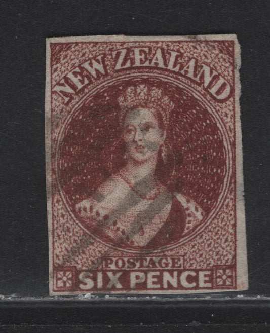 Lot 48 (C) New Zealand SG#43 6d Red Brown Queen Victoria, 1862-1864 Chalon Heads Issue, A Very Fine Used Imperf Single, 3 Large Margins, 1 Close Margin, Light Cancel, Large Star Wmk.