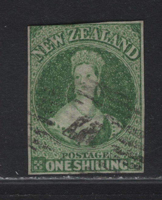 Lot 49 (C) New Zealand SG#100 1/- Green Queen Victoria, 1864 Chalon Heads Issue, A Fine Used Imperf Single, 3 Full Margins To Just Touching At UL, Light Cancel, NZ Wmk.