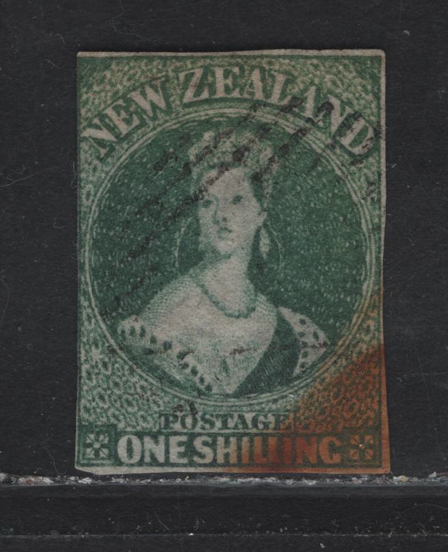 Lot 50 (C) New Zealand SG#46 1/- Deep Green Queen Victoria, 1862-1864 Chalon Heads Issue, A Very Good Used Imperf Single, Large Star Wmk, Sound, But Large Rust Stain At LR, Margins Clear But Close On 3 Sides, Just Touching On Left.
