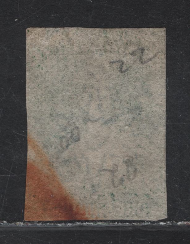 Lot 50 (C) New Zealand SG#46 1/- Deep Green Queen Victoria, 1862-1864 Chalon Heads Issue, A Very Good Used Imperf Single, Large Star Wmk, Sound, But Large Rust Stain At LR, Margins Clear But Close On 3 Sides, Just Touching On Left.